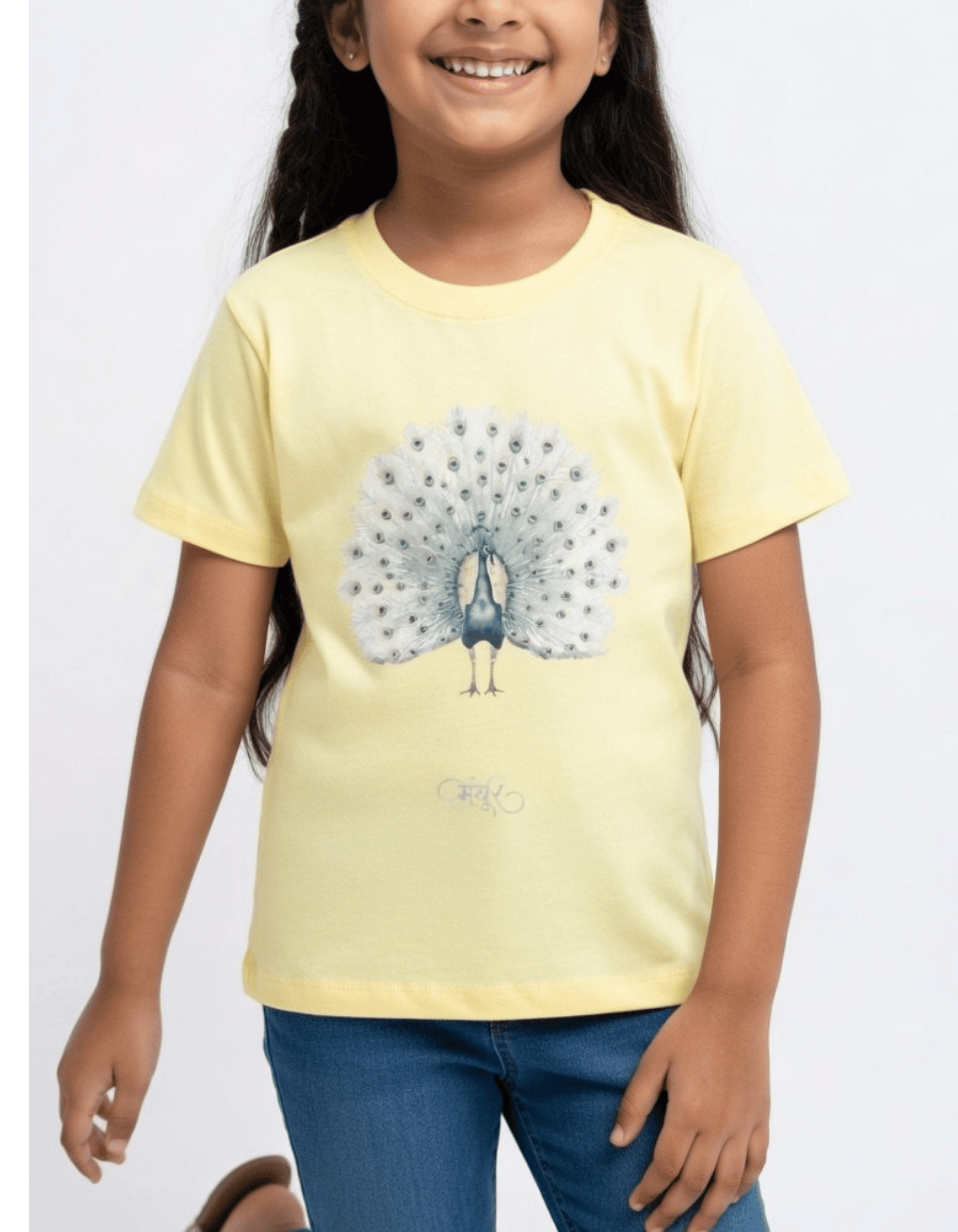 Mayūra | Elegant White Peacock T-Shirt for Girls 8-14 |