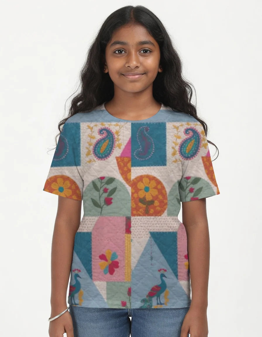 Kantha Motifs AOP T Shirt - Colorful Indian Patchwork Quilt Print T-Shirt for Girls | Peacock & Paisley