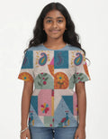 Kantha Motifs AOP T Shirt - Colorful Indian Patchwork Quilt Print T-Shirt for Girls | Peacock & Paisley